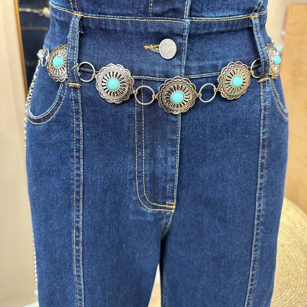 Western Silver and Turquoise Concho Waist Chain Belt for Women - Picture 5 of 10
